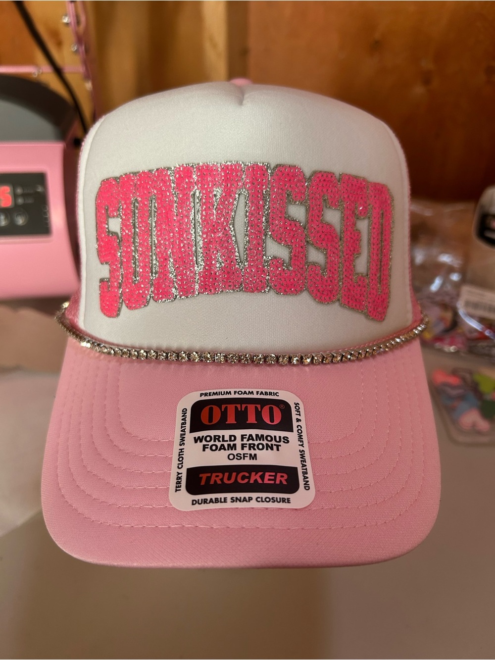 White and Pink Rhinestone 'SUNKISSED' Trucker Hat